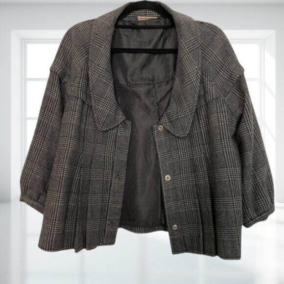 Donna Karan DKNY Plaid Wool Blend Pleated Swing Coat – Chic Cropped Academia - Picture 4 of 11